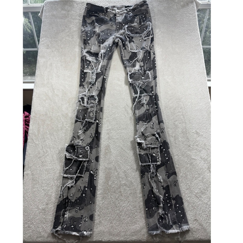 Rockstar Original Mens Distressed Camo Stacked Grey Jeans 36 Meas: 35x46